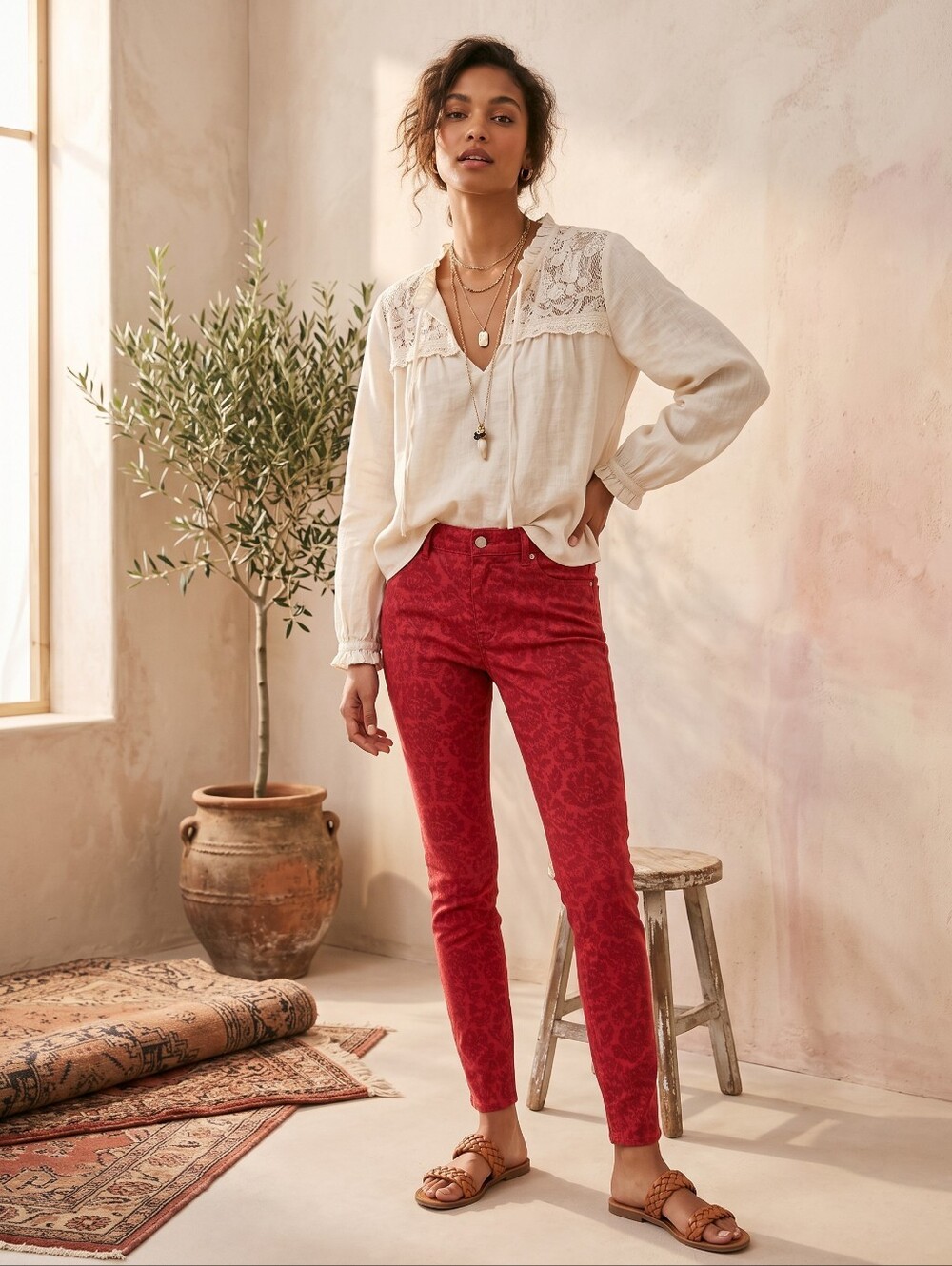 NWT Anthropologie Pilcro Flocked High Rise Denim Legging Skinny Jeans Red 27